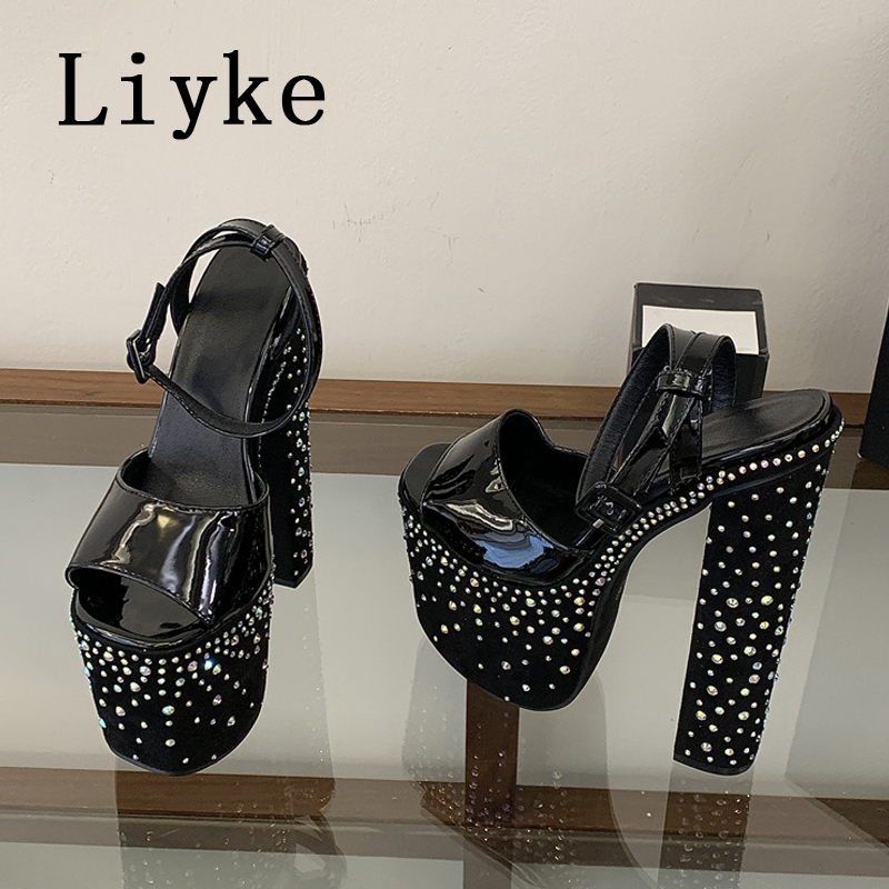 Wedding Super - Liyke ファッションクリスタルラインストーン厚いハイヒールチャンキープラットフォームサンダル女性オープントゥ結婚式宴会靴 Zapatos De Mujer