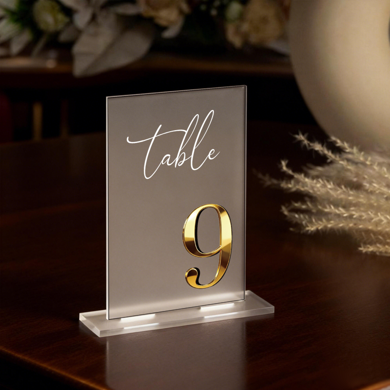Table Number Gold - アクリル製テーブルナンバー ウェディングテーブルナンバー装飾 フロスト加工テーブルナンバー 3Dミラーゴールド レストランテーブルナンバー