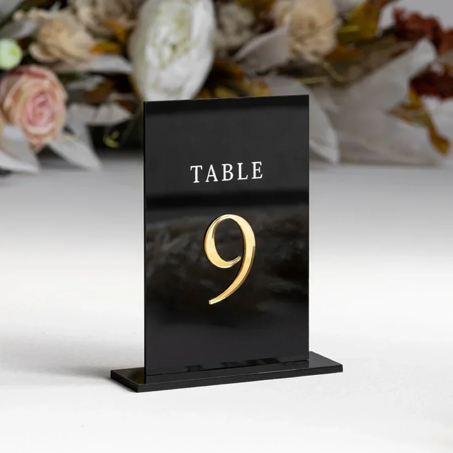 Table Number Gold - 黒金のテーブルナンバー 高級ウェディングサインデコレーション アクリルウェディングデコレーション 3Dレタリング ゴールドウェディングテーブルナンバー スタンド付き
