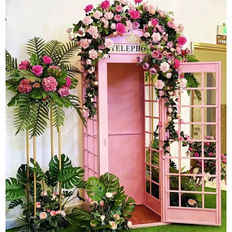Photo Booth Prop - カスタムピンクの電話ボックス、フラワーサロン装飾、写真撮影用小道具、道路標識、花柄のロンドン電話ボックス
