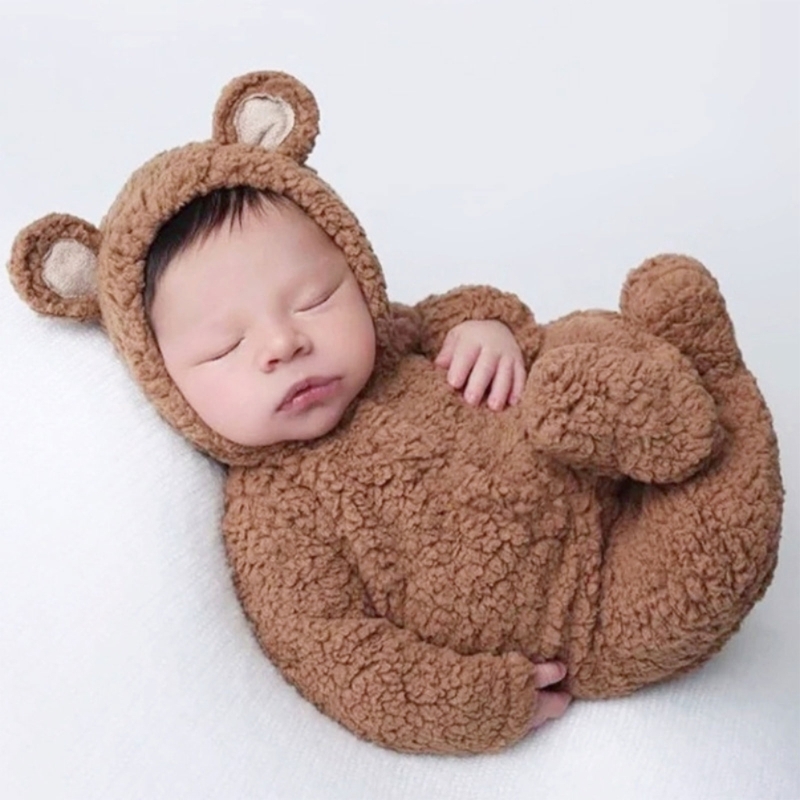 Photo Booth Prop - 2 個の写真撮影の小道具赤ちゃん男の子女の子ユニセックスジャンプスーツクマ耳帽子足ロンパース新生児写真撮影アクセサリー