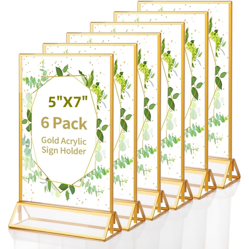 Table Number Gold - 6パック 5x7 クリアアクリルサインホルダー ゴールドボーダー付き 両面縦型スタンド 結婚式のテーブル番号