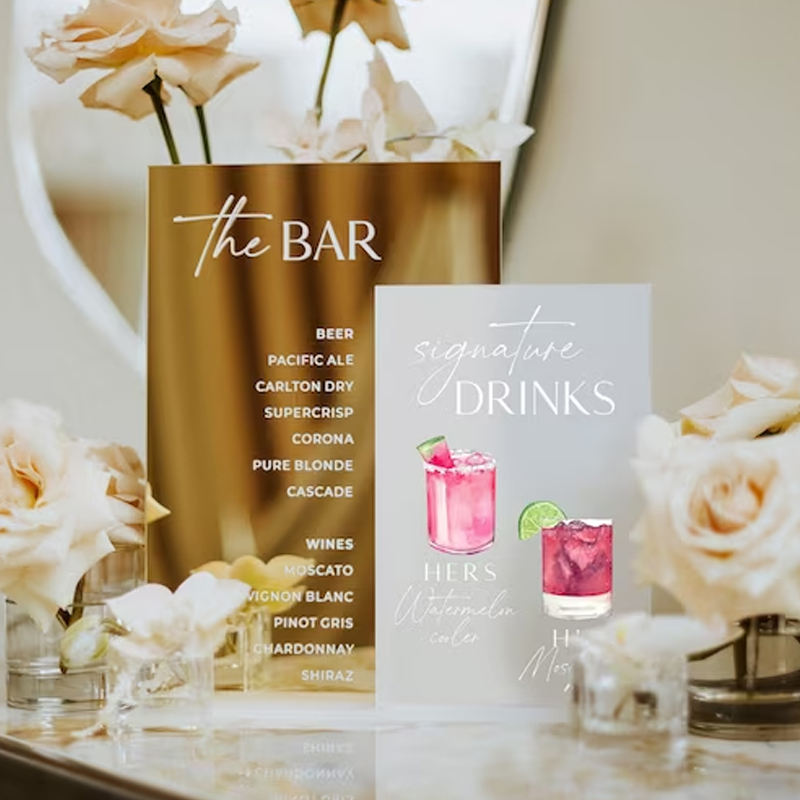 Table Number Gold - 署名のドリンクサイン、彼と彼女のドリンク、金のミラーバーの看板、結婚披露宴の看板、バーメニューの署名