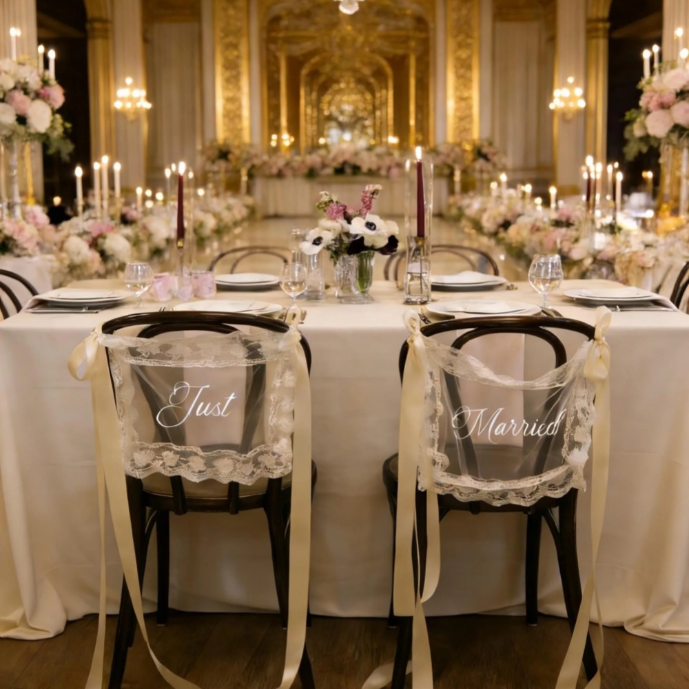 2 個のパーソナライズされたレースの新婚椅子サイン、新郎新婦 - Champagne Tower Set のレビューと価格