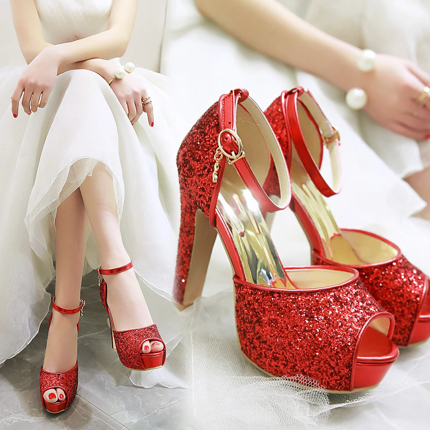 シルバー夏の女性のハイヒールプラットフォームサンダルゴールド - Wedding Super のレビューと価格