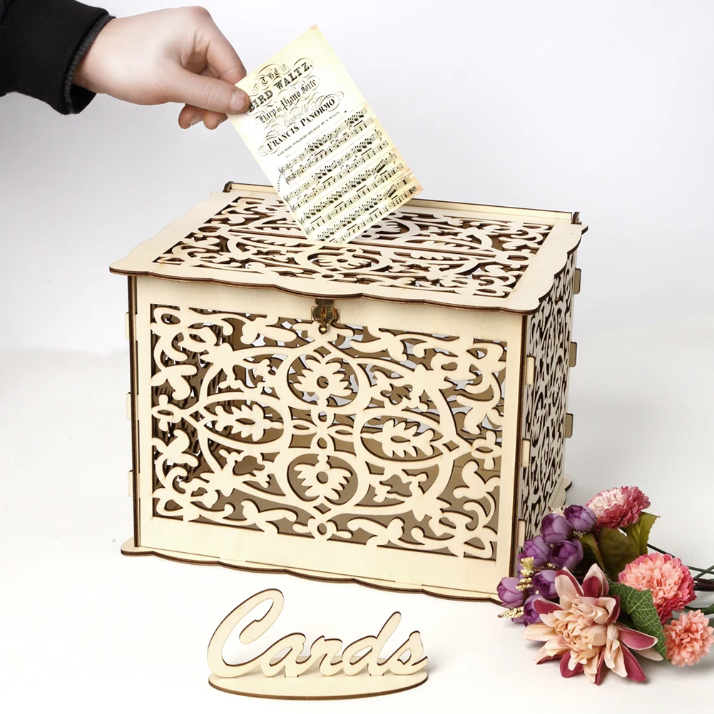 木製の結婚式のカードボックス、封筒のサインカード、花のパター - Wedding Supply.Box のレビューと価格