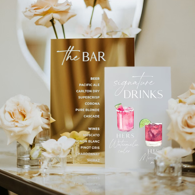 署名のドリンクサイン、彼と彼女のドリンク、金のミラーバーの看 - Table Number Gold のレビューと価格